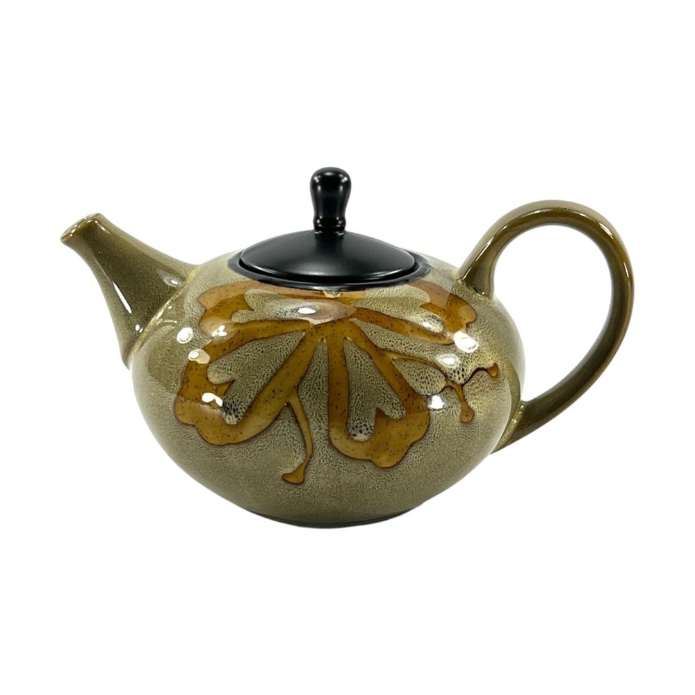 Pier 1 Kioko Teapot Hand Painted Stoneware Speckled Body Yellow Flower 2007